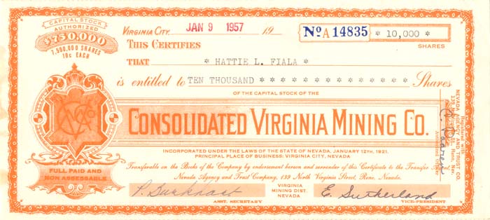 Consolidated Virginia Mining Co. - 1920's-1950's dated Nevada Mining Stock Certificate